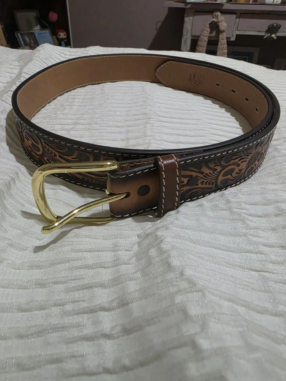Brown Tooled Leather Women's Belt with Gold Buckle